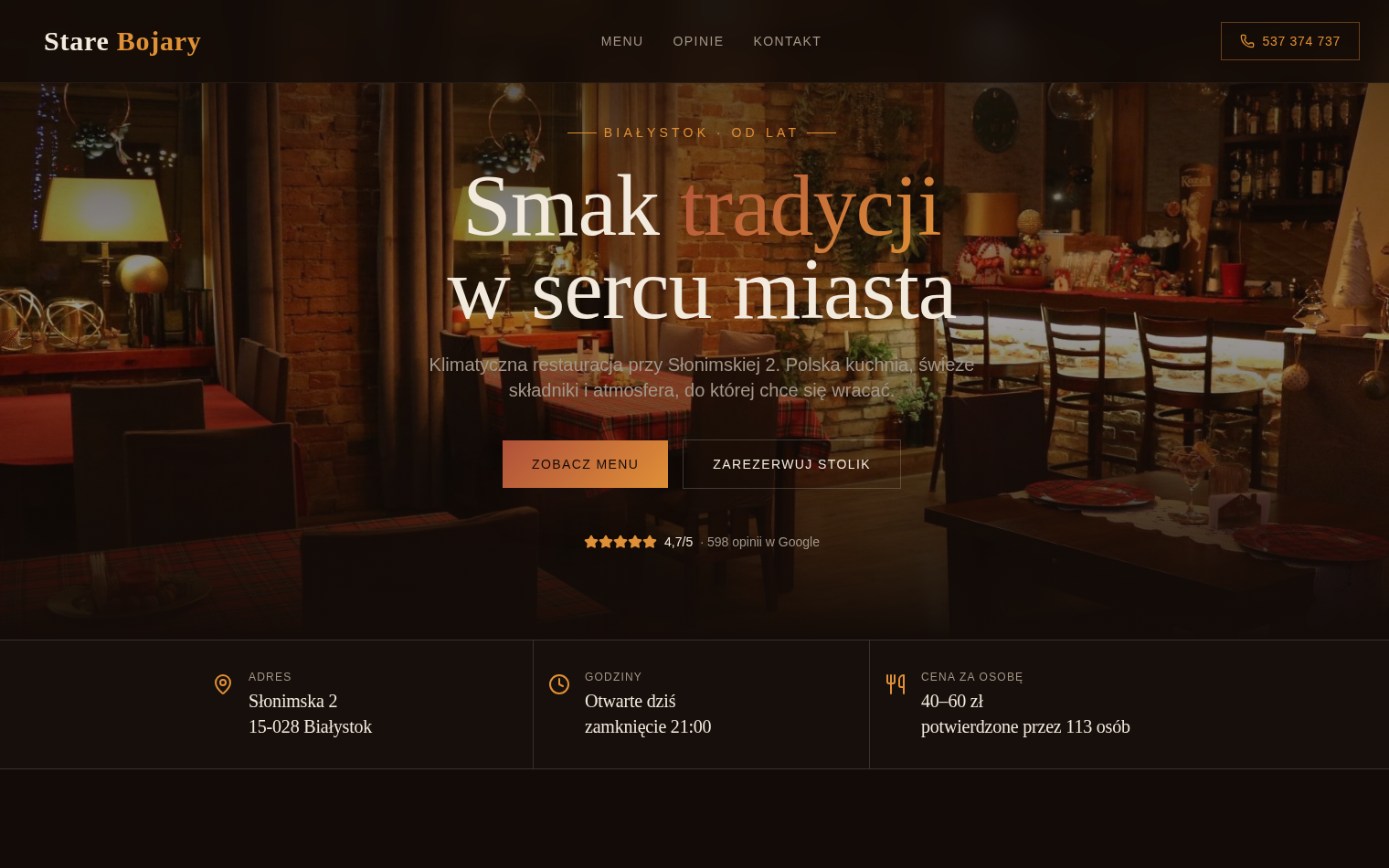Stare Bojary — sekcja hero z restauracją